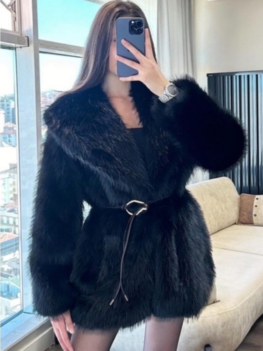 Zara Black Fur-Style Coat with Belt